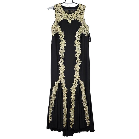 Womens Betsy & Adam Black & Gold Embroidered Evening Gown Polyester Stretch 14W - Picture 1 of 12